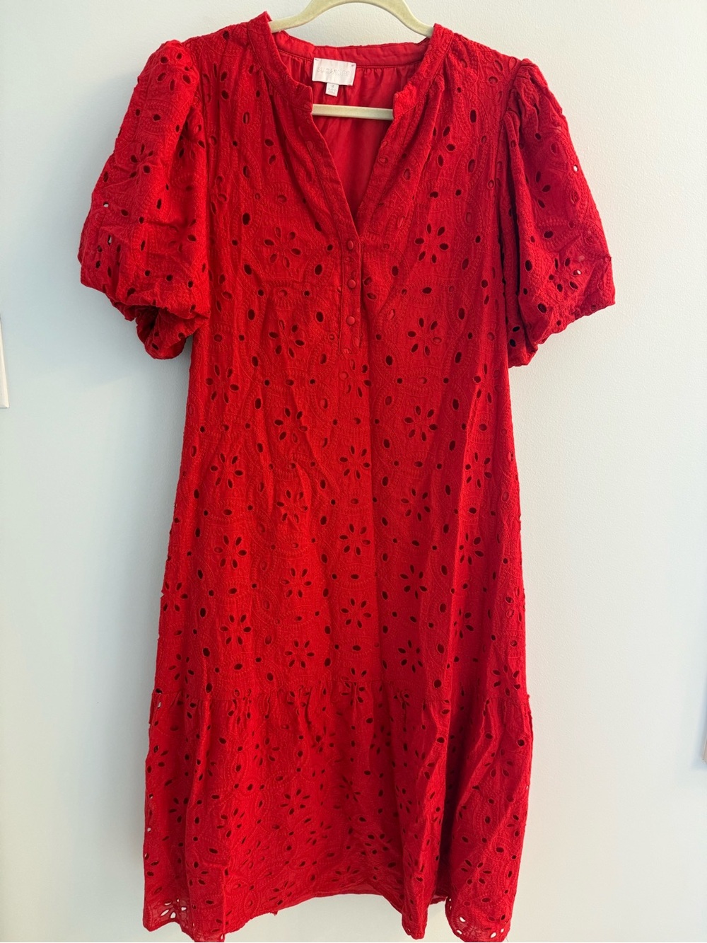 Sugarlips Red Eyelet Midi Dress with Puff Sleeves